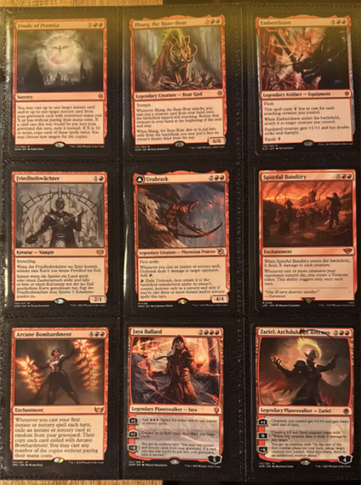 A photo of a nine-pocket binder page holding nine red Magic cards.