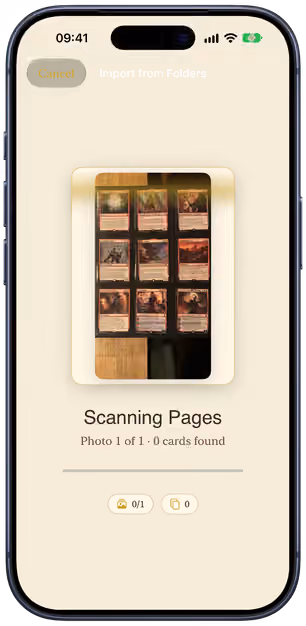 The Decksmith multi-card scanner reading a photo of a nine-pocket binder page, with the progress of the scan underneath.