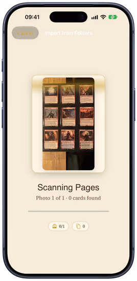 Der Multi-Karten-Scanner von Decksmith liest das Foto einer Binder-Seite mit neun Fächern, darunter der Fortschritt des Scans.