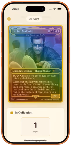 A card detail screen in Decksmith showing full artwork, oracle text and how many copies are in the collection.