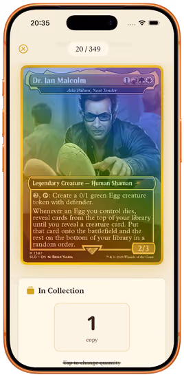 Eine Kartendetailansicht in Decksmith mit vollem Artwork, Oracle-Text und der Anzahl der Exemplare in der Sammlung.