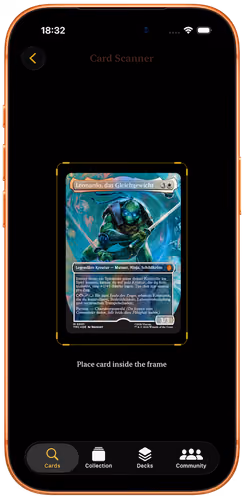 The Decksmith card scanner, holding a Magic card inside the camera frame for recognition.