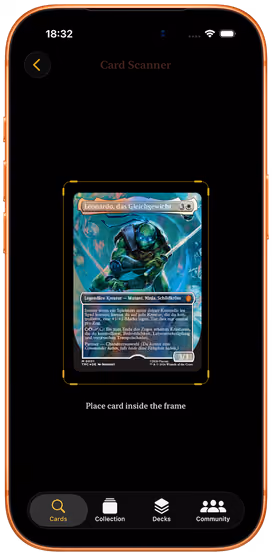 The Decksmith card scanner, holding a Magic card inside the camera frame for recognition.