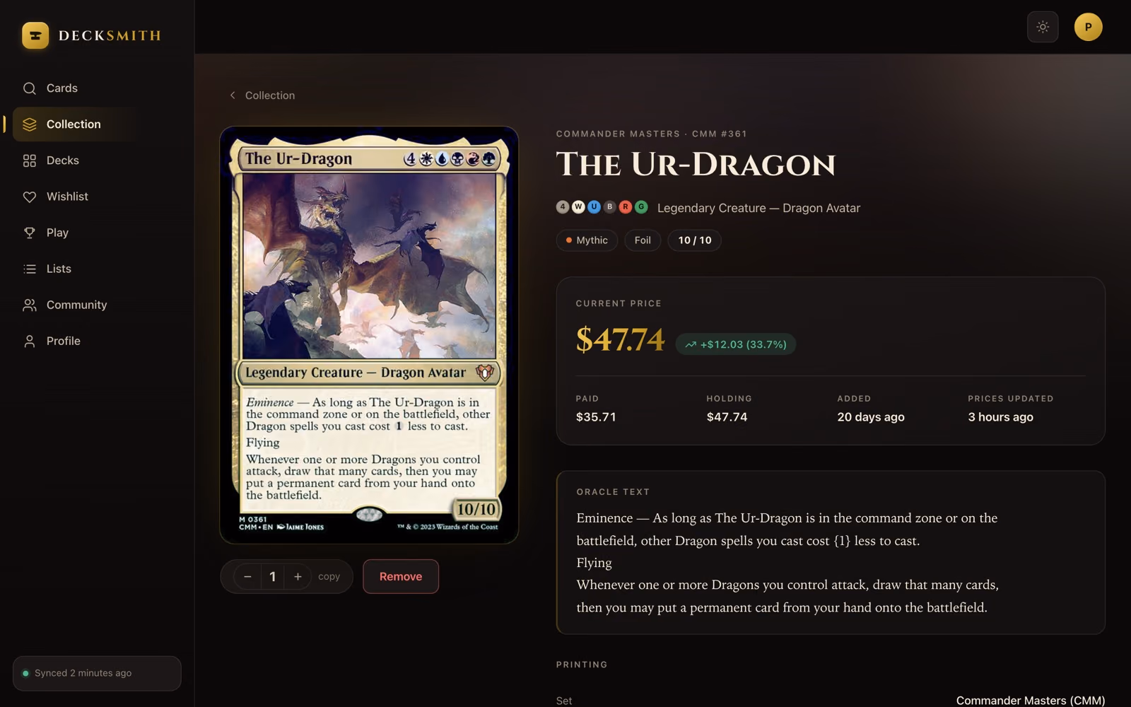 The Ur-Dragon in the Decksmith web app: full card art, oracle text, and a current price of $47.74 against $35.71 paid.