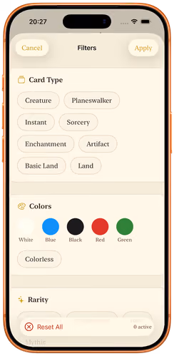 The Decksmith filter sheet, with card type, colour and rarity filters ready to apply to a collection.
