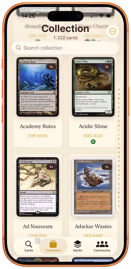 Eine Decksmith-Sammlung mit 1.322 Magic-Karten als Raster aus Artworks, jede Kachel mit Set-Code und Anzahl.