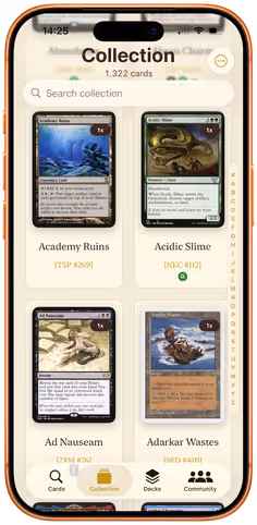 A Decksmith collection of 1,322 Magic cards shown as a grid of artwork, each tile with its set code and copy count.