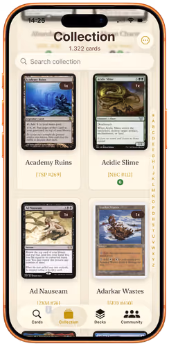 A Decksmith collection of 1,322 Magic cards shown as a grid of artwork, each tile with its set code and copy count.