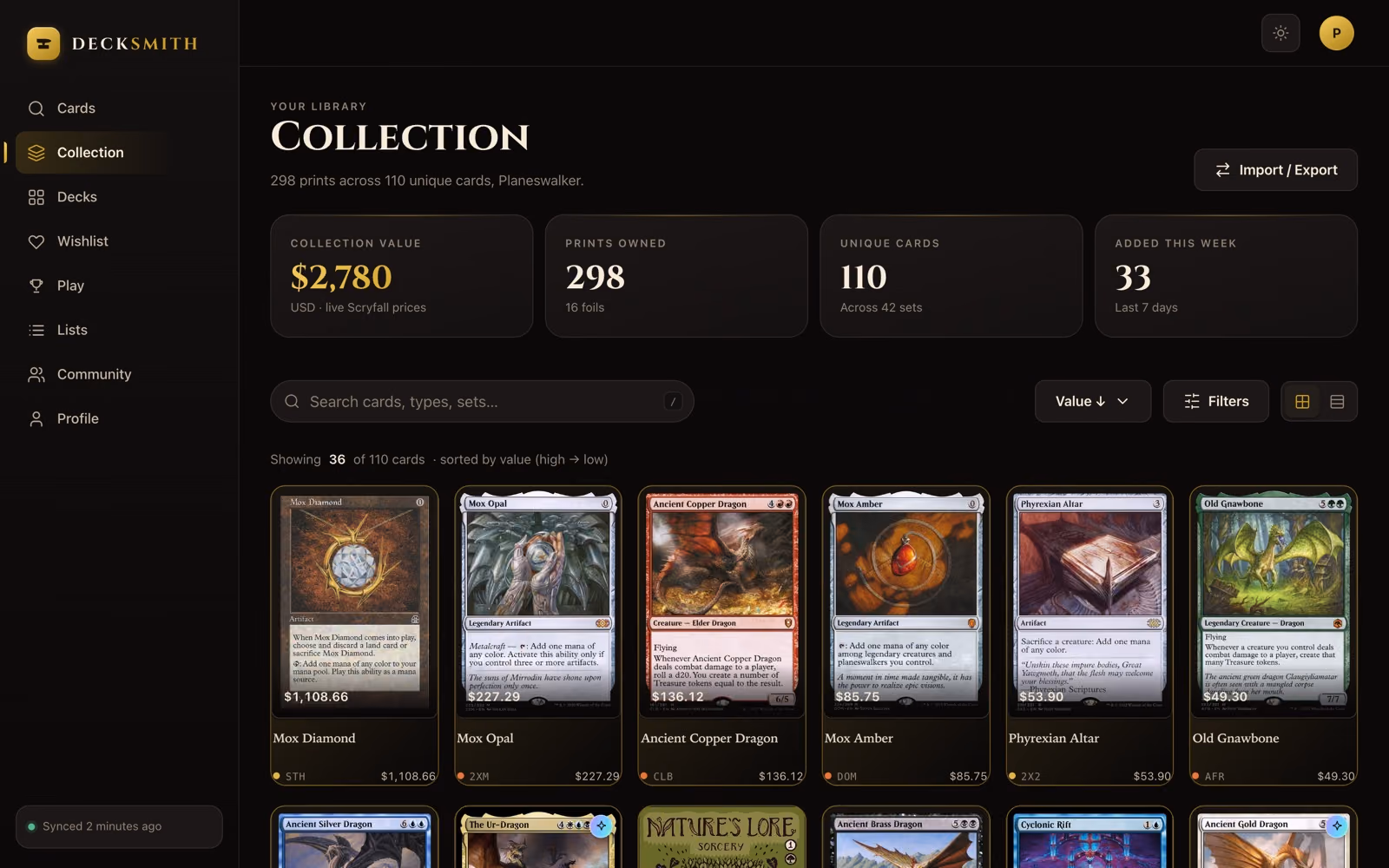 The Decksmith web app showing a 298-card collection worth $2,780 as a grid of card art with a price under each card.