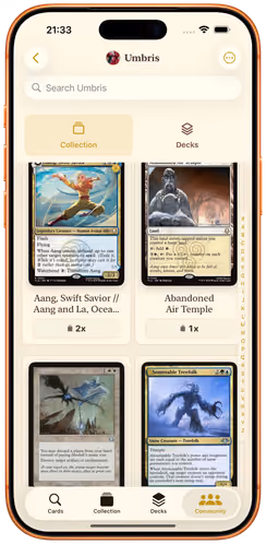 A Decksmith community member’s profile, with tabs for their collection and their shared decks.