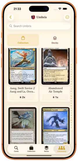 A Decksmith community member’s profile, with tabs for their collection and their shared decks.