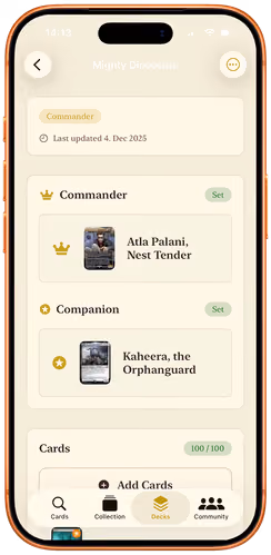 A Commander deck in Decksmith with its commander and companion slots filled and a card count of 100 of 100.