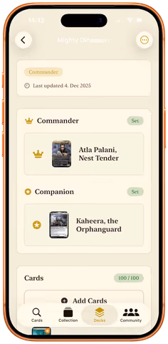 A Commander deck in Decksmith with its commander and companion slots filled and a card count of 100 of 100.
