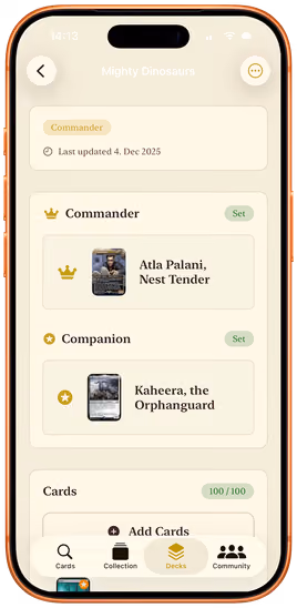 Ein Commander-Deck in Decksmith mit belegtem Commander- und Companion-Slot und 100 von 100 Karten.