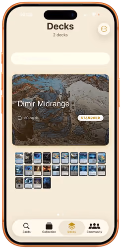 The Decksmith deck shelf, listing each deck with its format, card count and cover art.