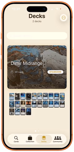 The Decksmith deck shelf, listing each deck with its format, card count and cover art.