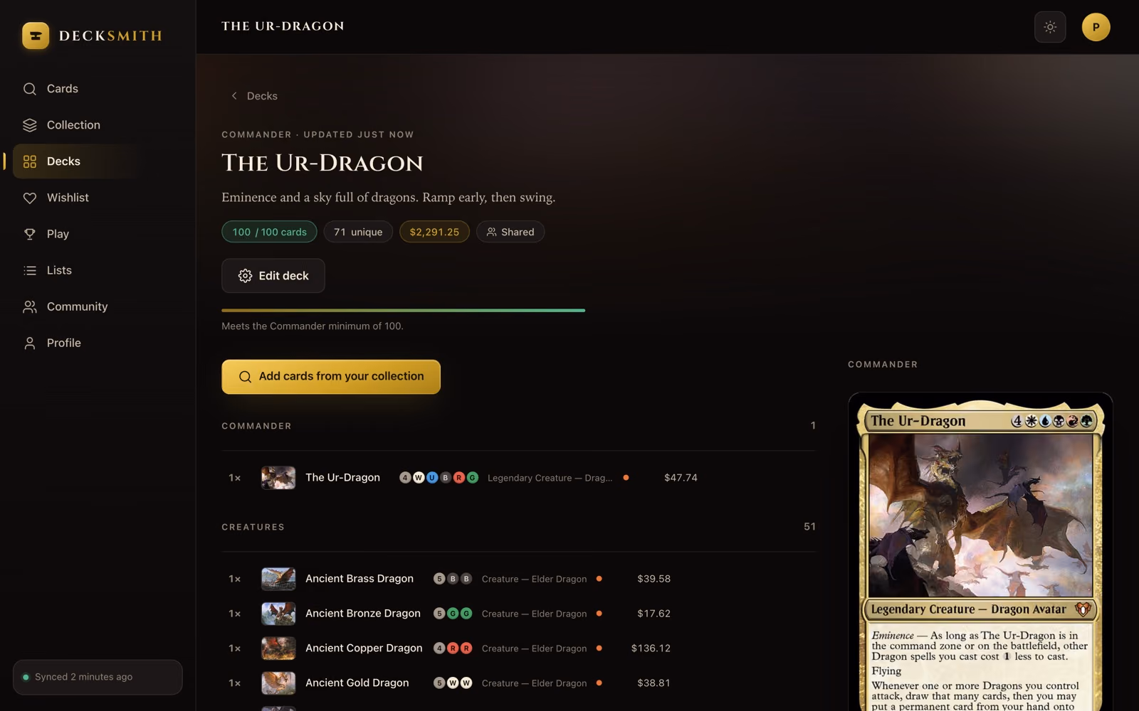 A 100-card Commander deck, The Ur-Dragon, open in the Decksmith web app with its creatures listed by mana cost and price.