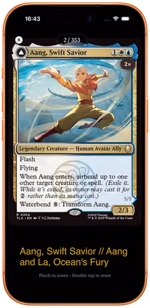 Decksmith gallery mode showing a Magic card full screen, with pinch-to-zoom and double-tap-to-reset hints.