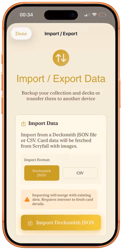 The Decksmith import and export screen, offering Decksmith JSON and CSV import and a full backup export.