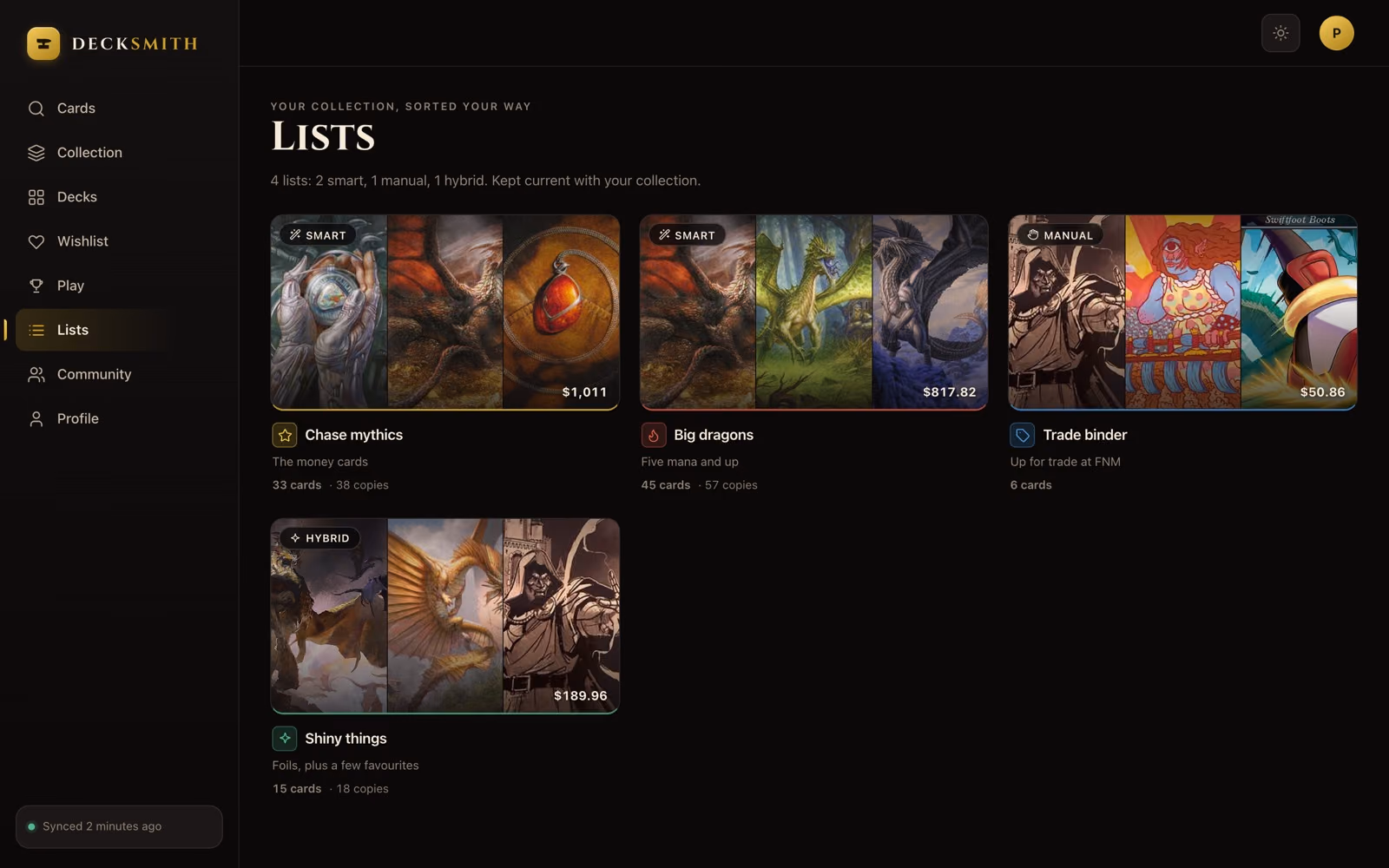 Four smart, manual and hybrid lists in the Decksmith web app, each with its card count and total value.