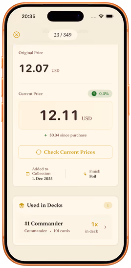 Eine Karte in Decksmith mit ihrem Kaufpreis von 12,07 $ neben dem aktuellen Marktpreis von 12,11 $ und den Decks, in denen sie steckt.