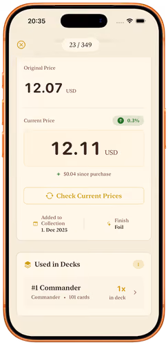 A card in Decksmith showing its original price of $12.07 against a current market price of $12.11, and the decks it is used in.